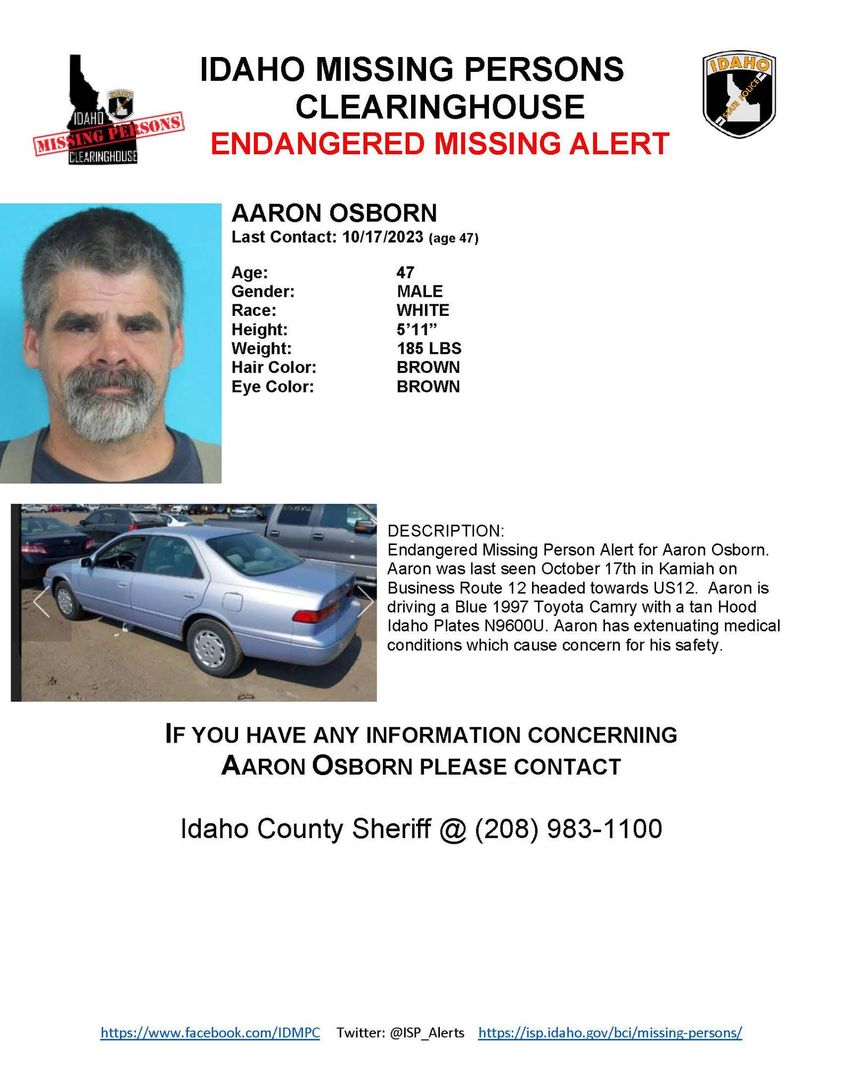 Missing Person flier for Aaron Osborn with silver car included