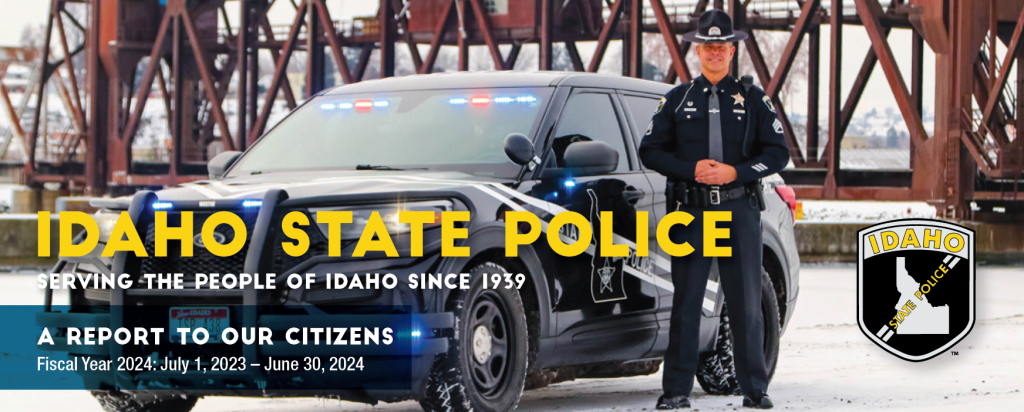 Fiscal Year 2024 CCR cover of trooper in front of patrol SUV, parked in front of bridge