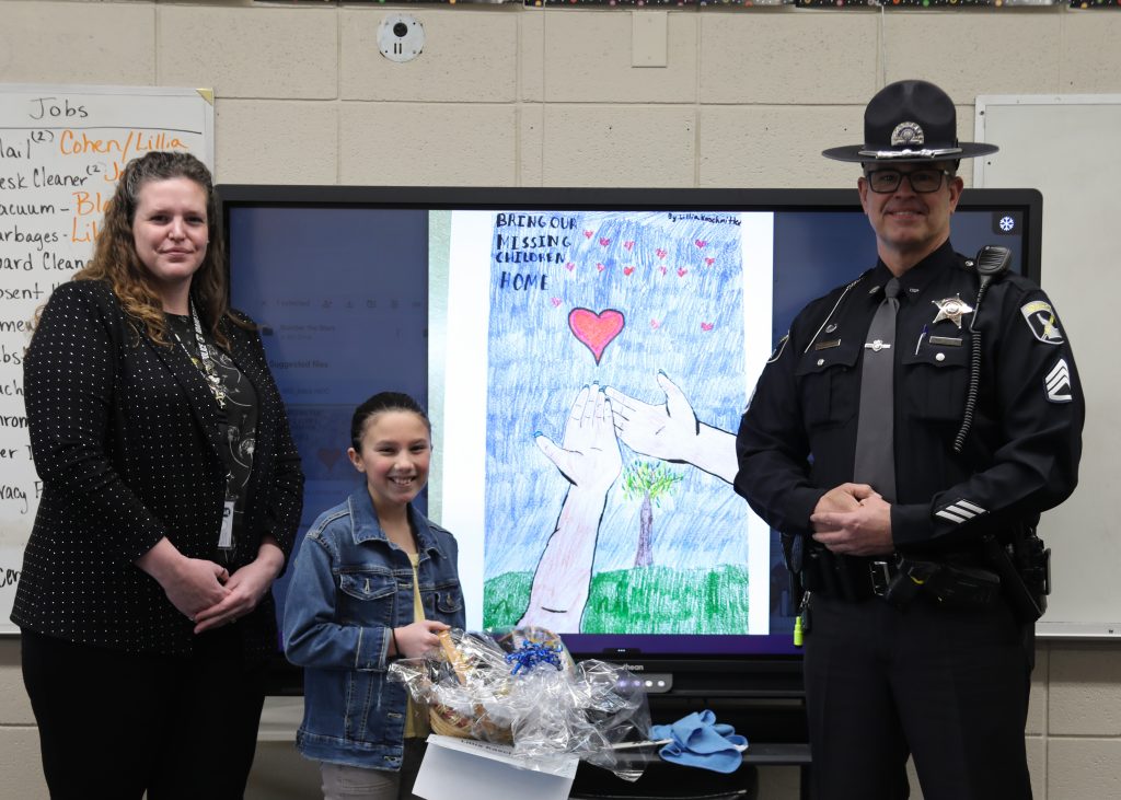 BCI Missing Children poster winner with trooper and program manager