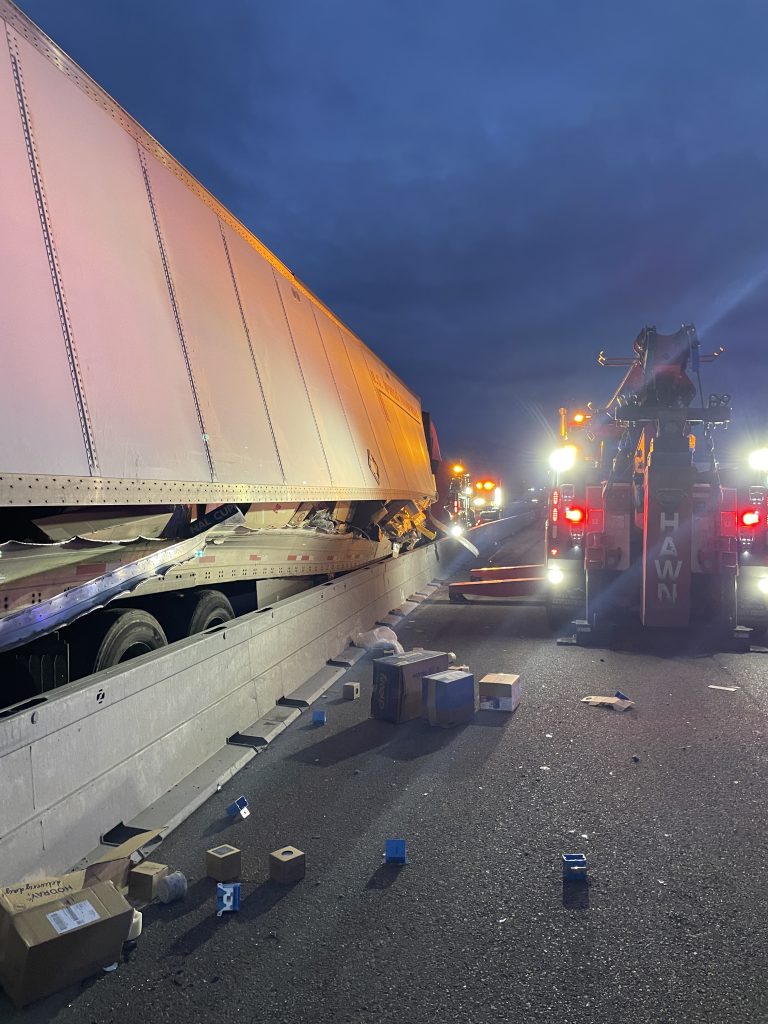 Pocatello semi crash news release with wrecked semi on freeway