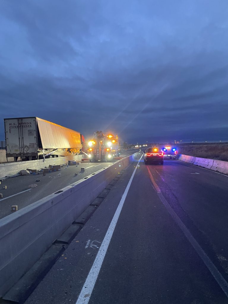 Pocatello semi crash news release with wrecked semi on freeway
