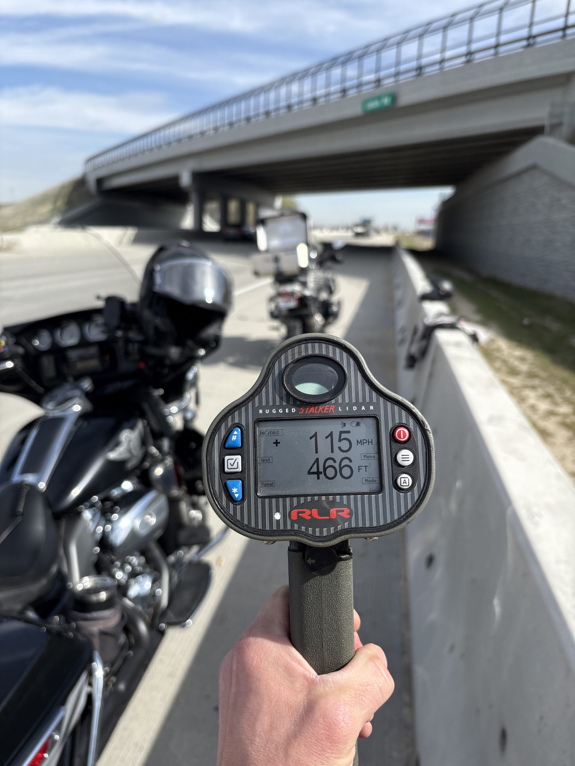 District 3 reckless motorcyclist arrest - Radar showing 115mph with two motorcycles near a bridge on the freeway.
