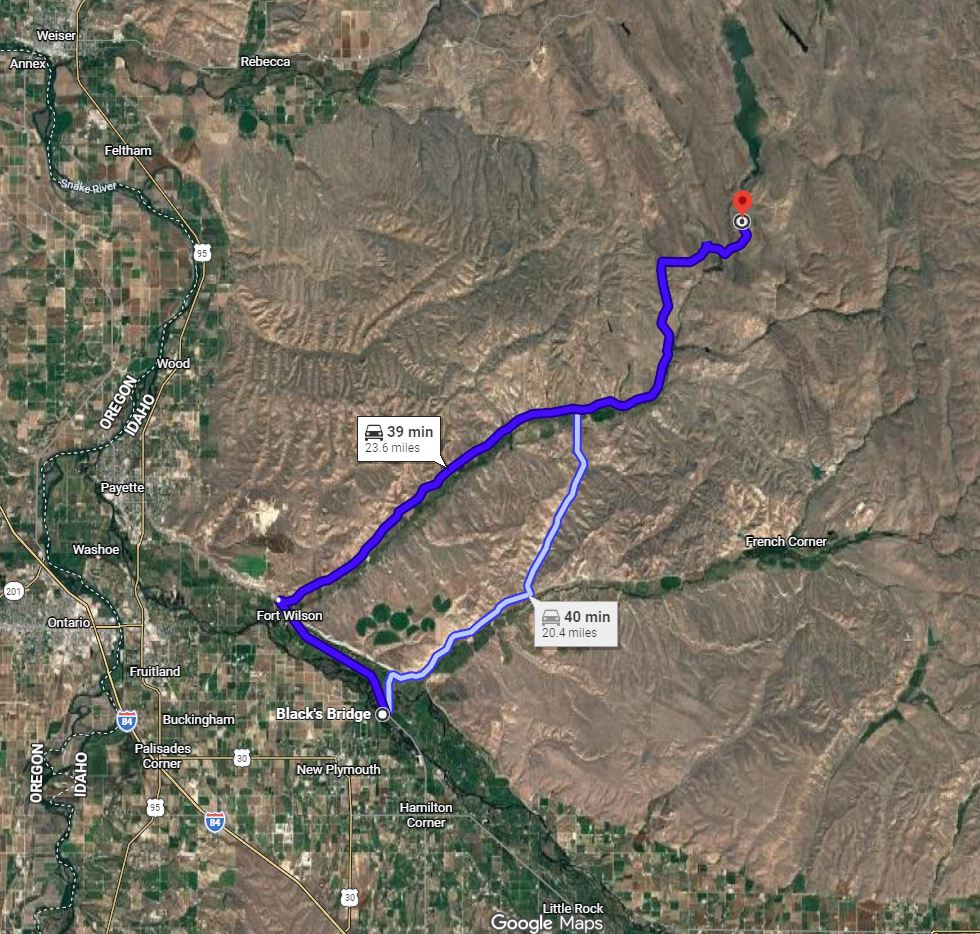 Map of Little Willow Road near Paddock Reservoir to Blacks Bridge outside New Plymouth in Payette County. Requesting publics help with information for cattle theft incident.