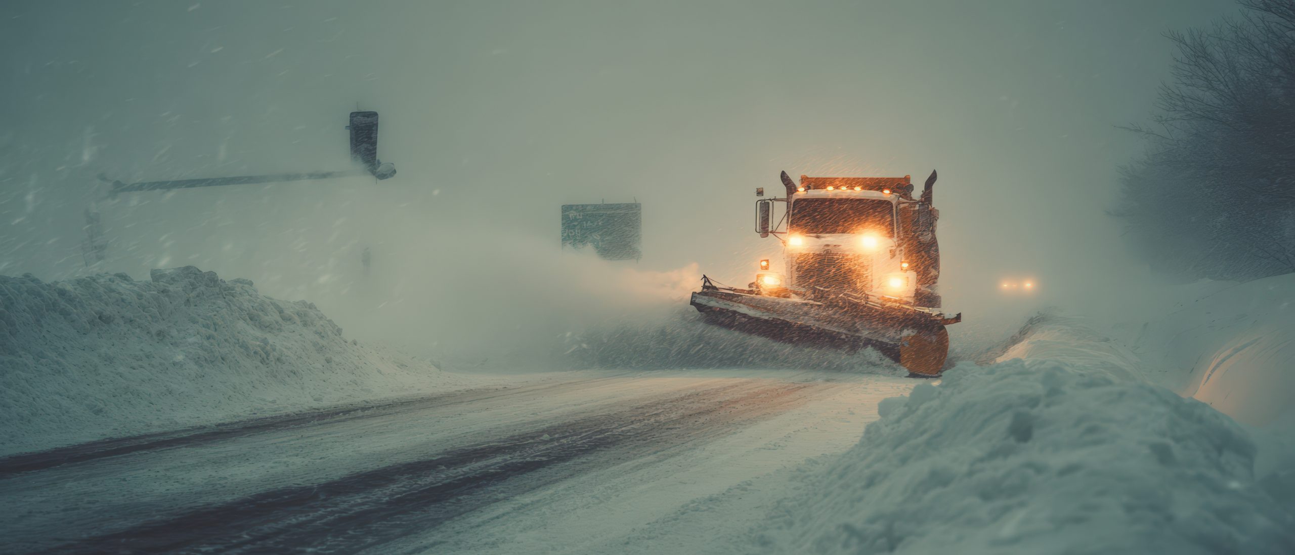 Snowplow on roadway for winter driving.